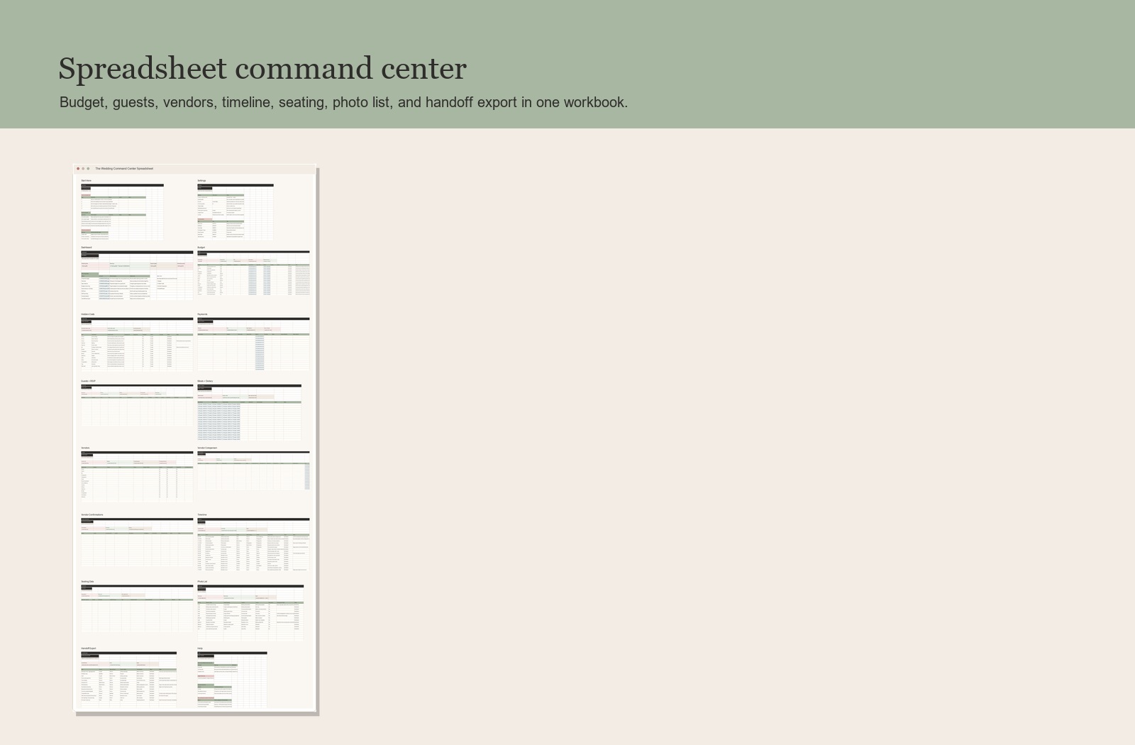 Spreadsheet command center mockup showing planning dashboard and workbook tabs