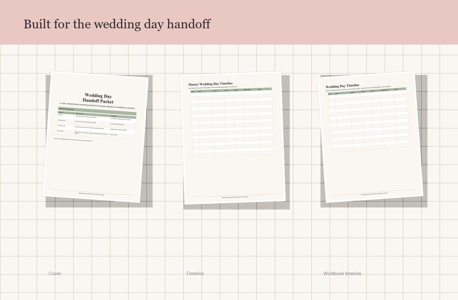 Wedding Day Handoff Packet mockup showing cover, timeline, and workbook pages